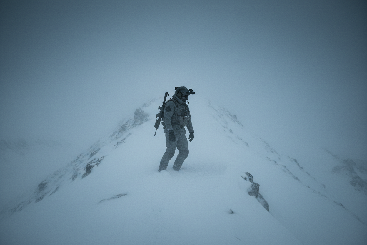 Ultra cinematic tactical soldier in blizzard